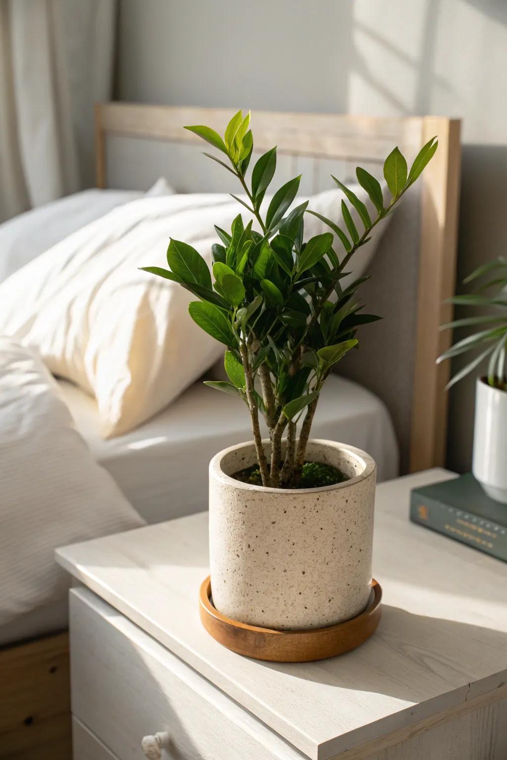 A small, sturdy potted plant instantly softens nightstand lines—perfect for tiny spaces.