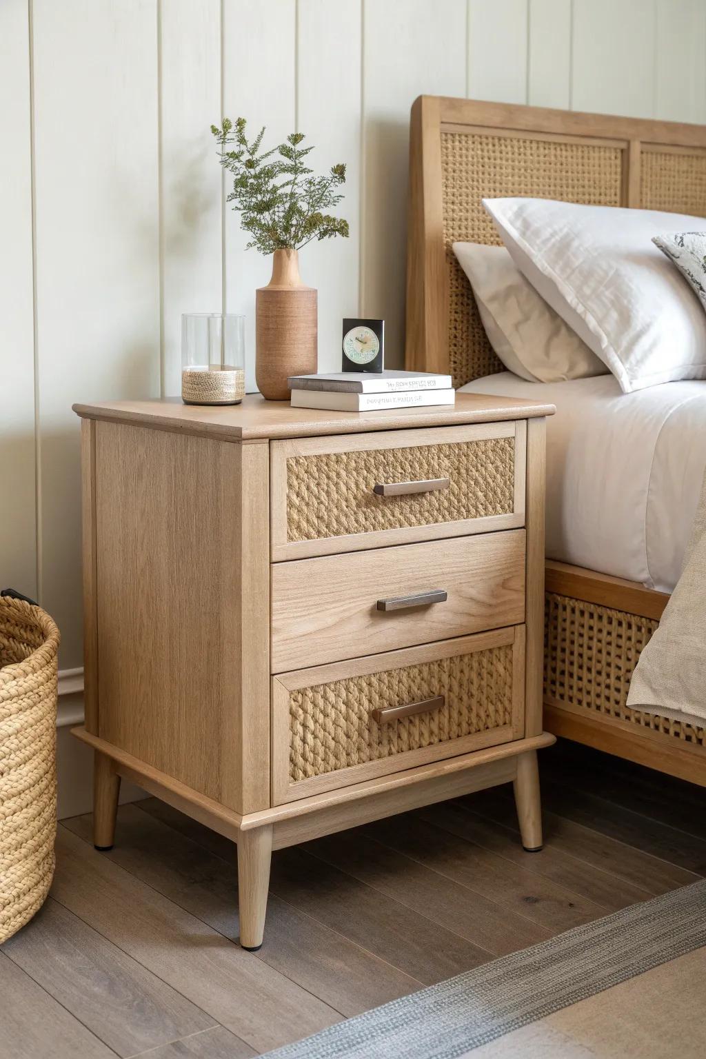A petite nightstand with deep drawers keeps tiny bedrooms clutter-free and effortlessly chic.