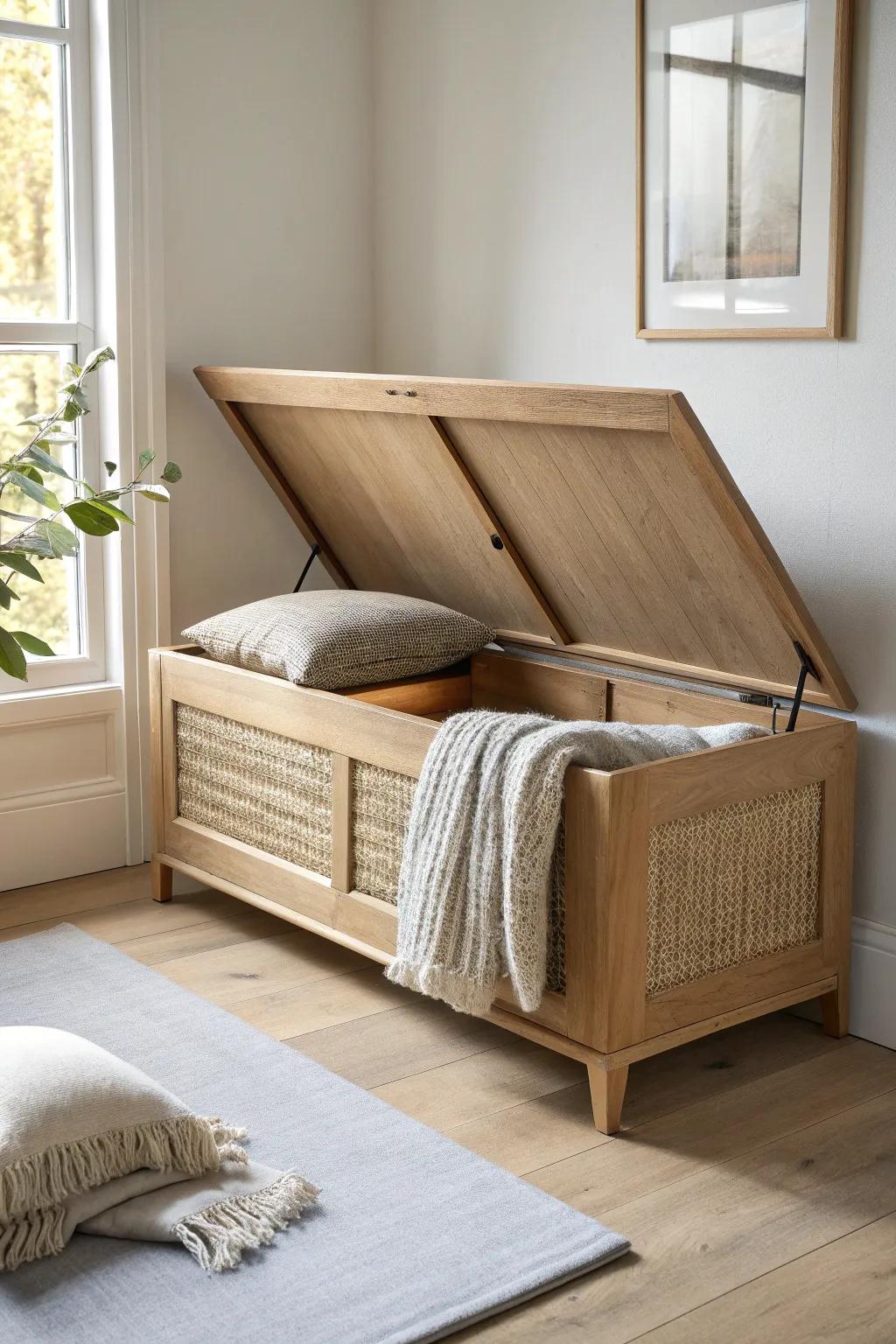 A sleek storage bench at the bed’s foot hides bulky quilts beautifully—no linen closet needed.