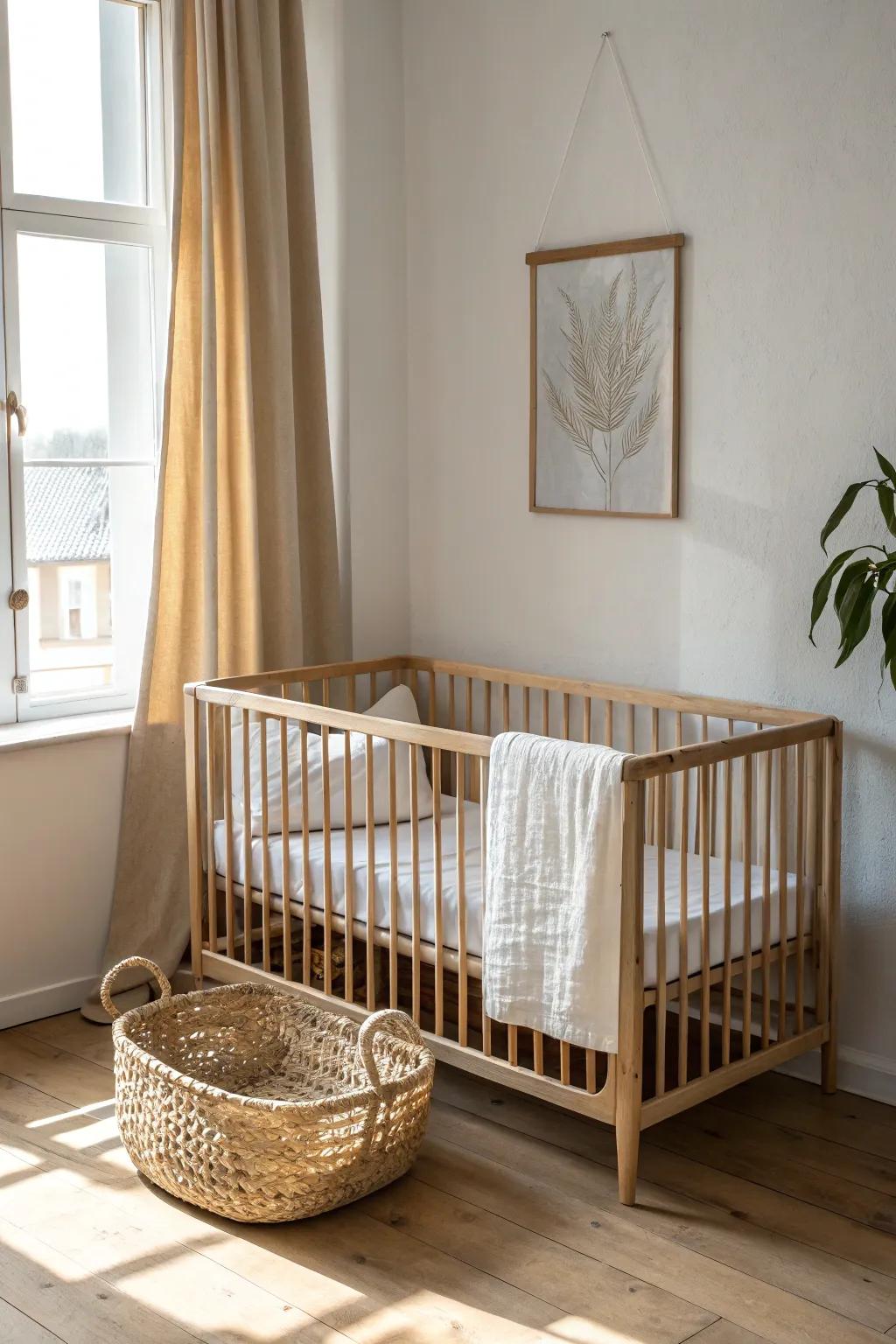 One-wall nursery lineup: a minimalist crib that keeps your bedroom airy, calm, and grown-up.