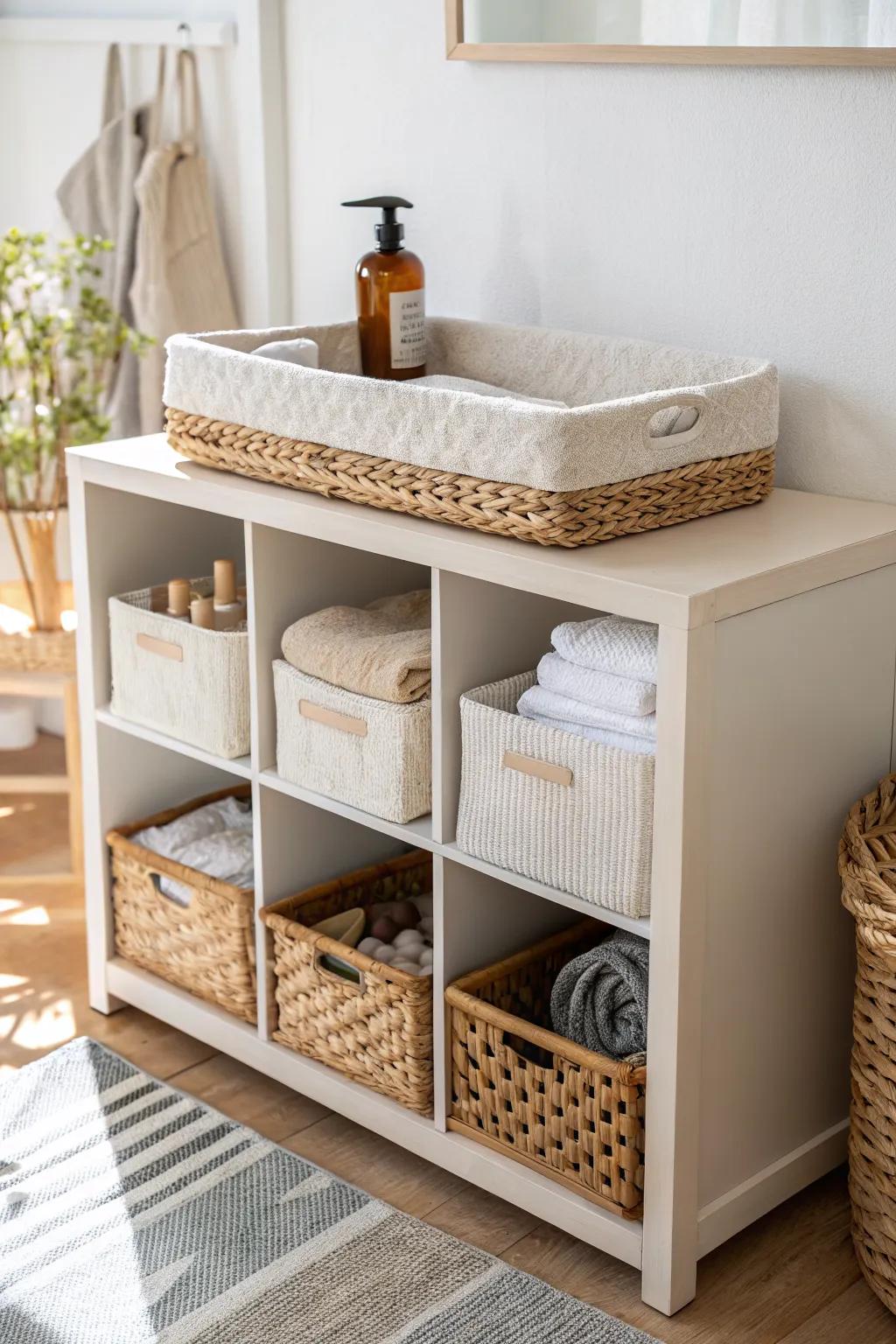 Cube storage doubles as a sleek changing station—baby baskets up top, office bins below.