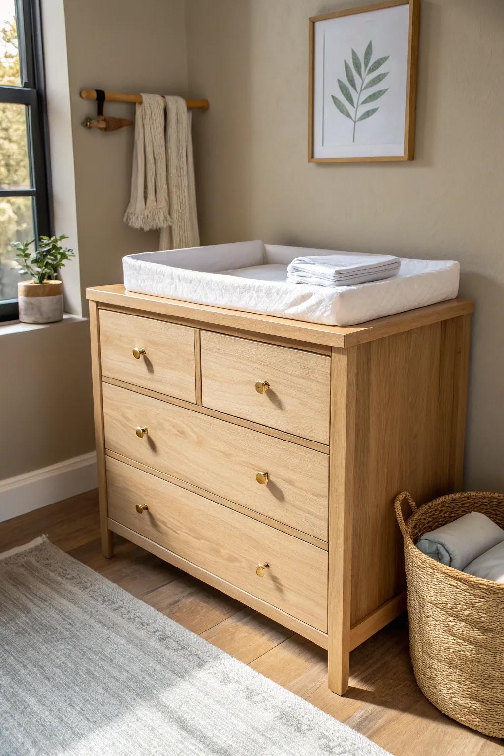 A simple dresser + changing pad = chic nursery storage without adding extra furniture.