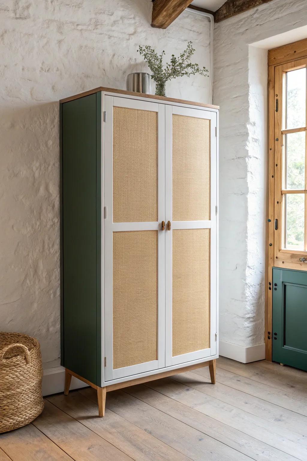 Two-tone office cabinet: darker lowers hide scuffs, lighter uppers keep the wall airy.