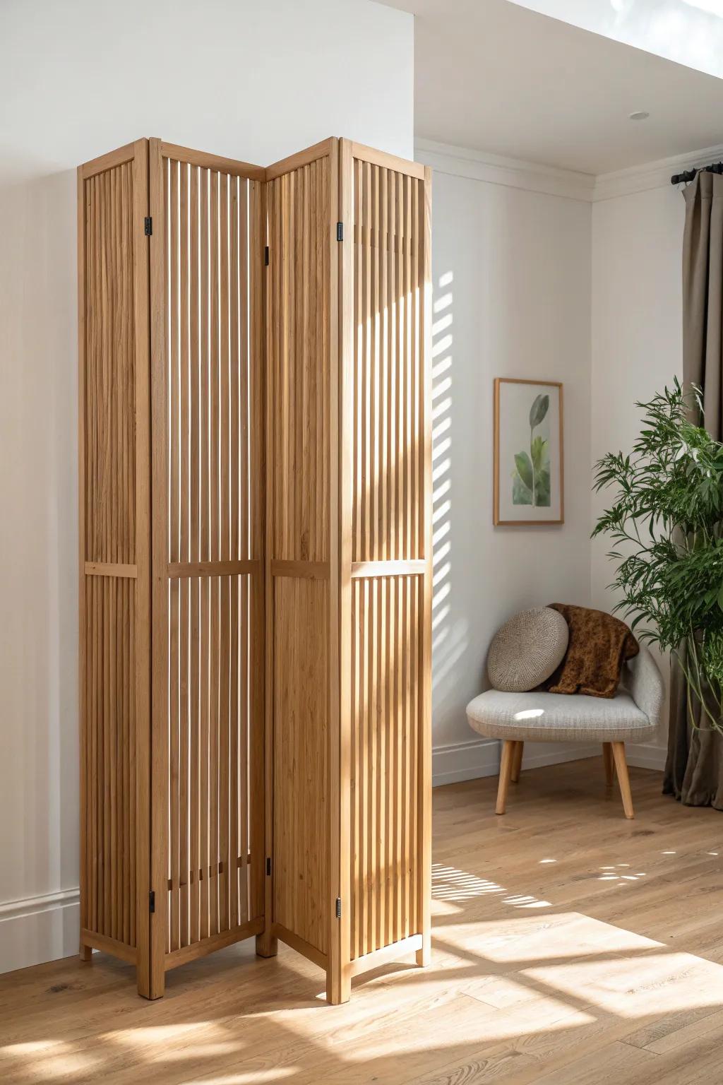 Vertical wood slat divider: airy privacy with warm oak texture and modern architectural lines.