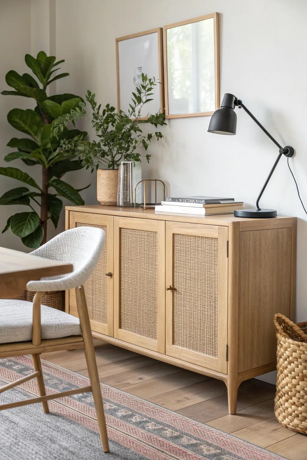 A low credenza behind your chair adds hidden storage and a styled, room-like office vibe.