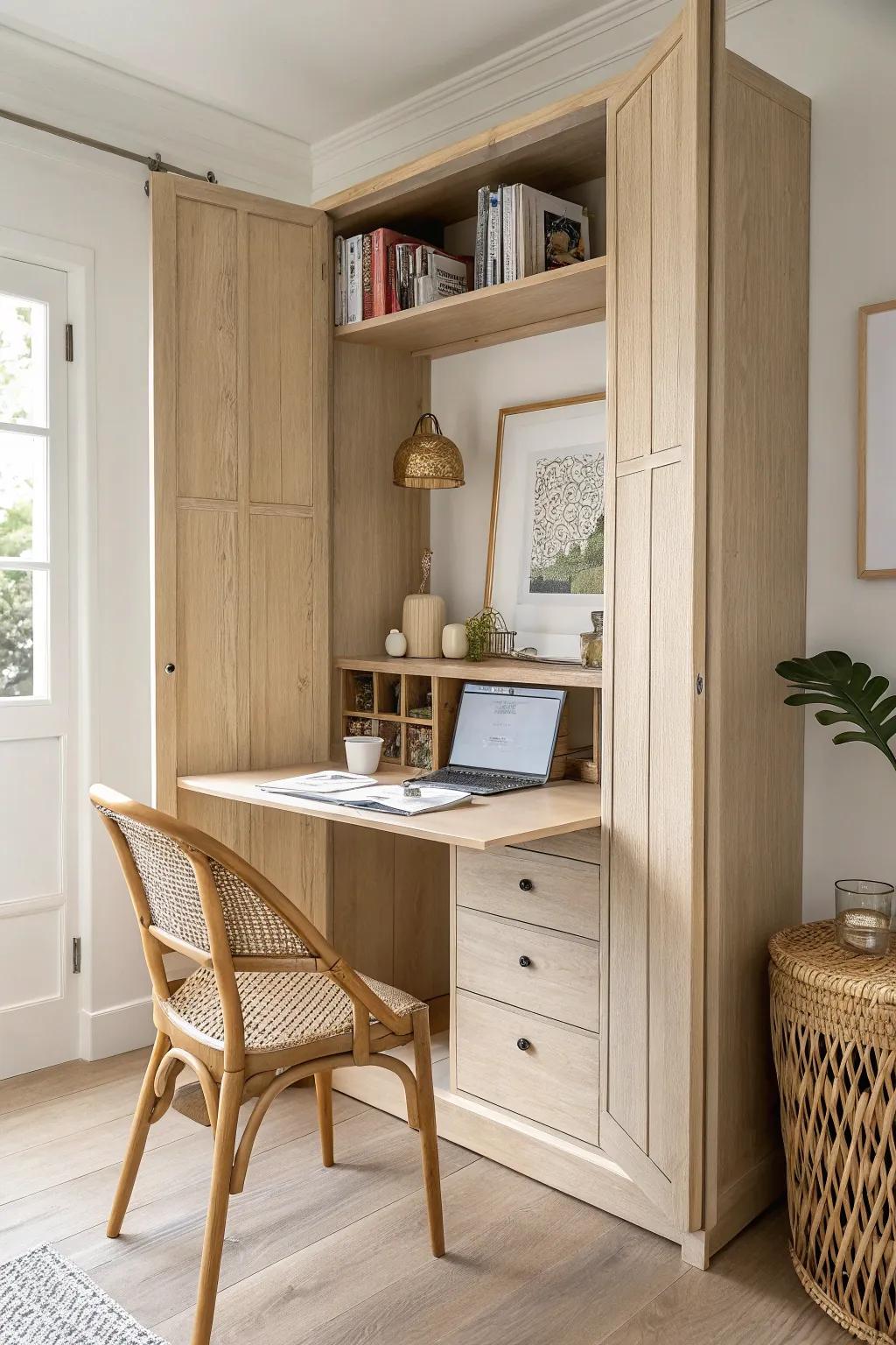 A closet-nook desk that folds away so the sofa bed stays the star in a calm, tiny office.