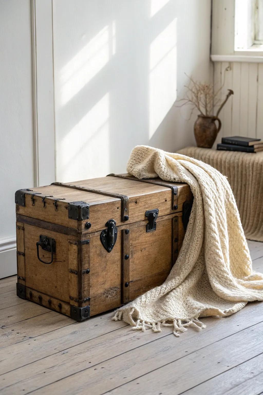 Soften an old trunk’s metal edges with a creamy throw draped over one corner.