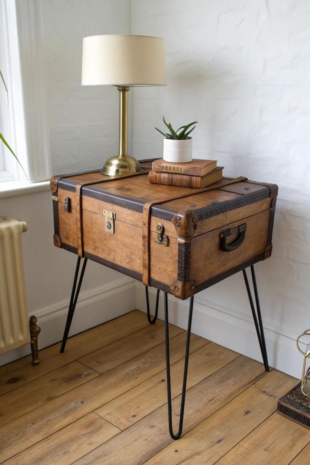 Old trunk side table on slim legs—light, minimal, and perfect for hiding cords inside.