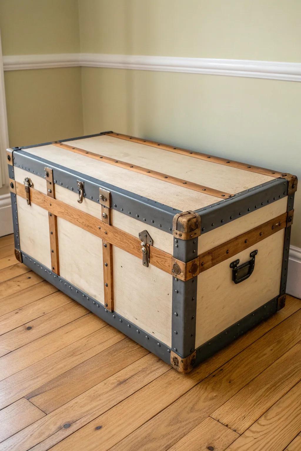 Two-tone trunk makeover: light lid, dark base—simple, custom, and beautifully grounded.