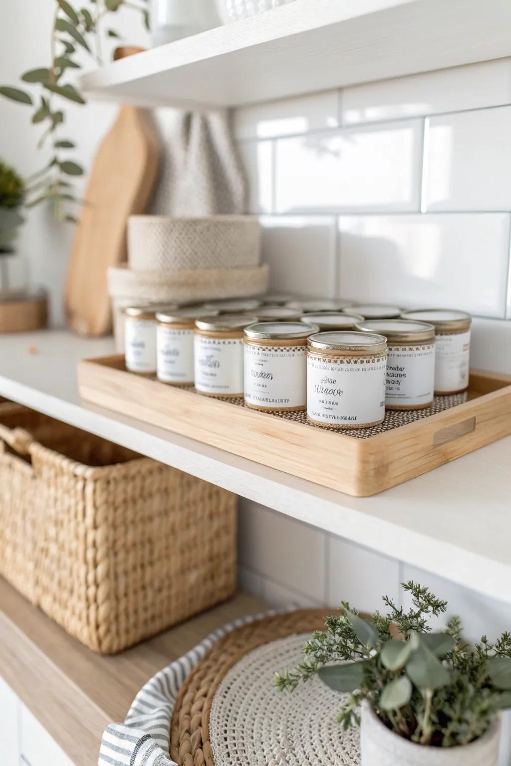 Shelf risers keep every can visible—double the storage and elevate your open pantry look.