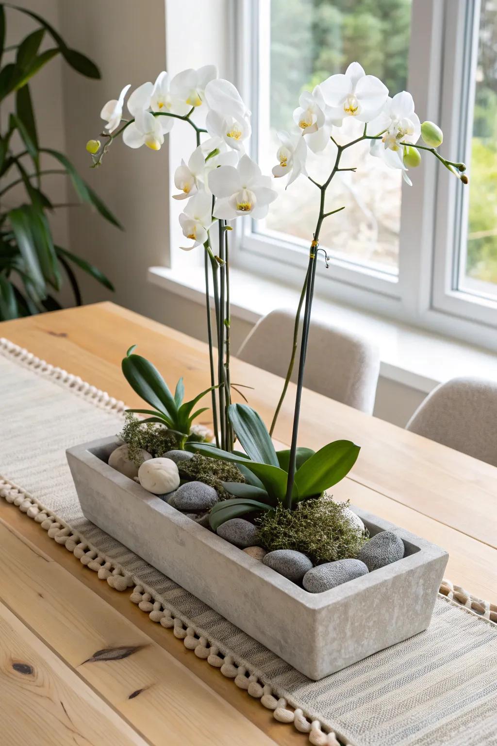 A sleek rectangular trough turns orchids into a runner centerpiece—grounded with river rocks.