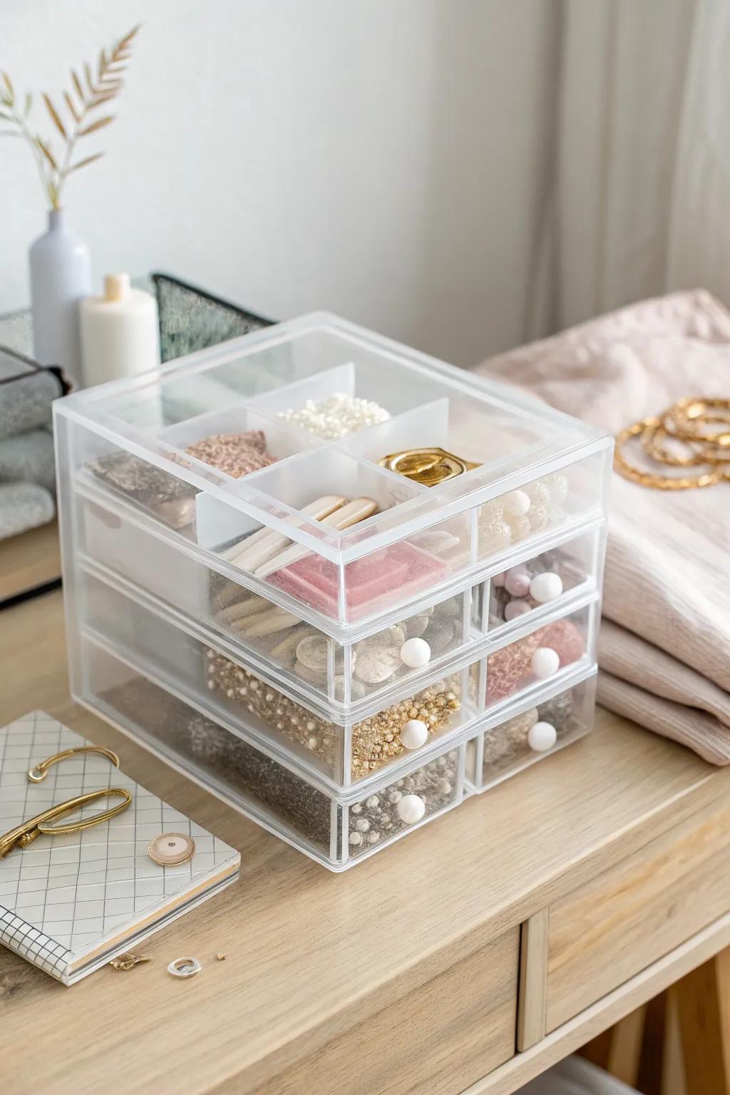 Clear drawers keep beads and buttons visible—stash your favorites on top for fast crafting.