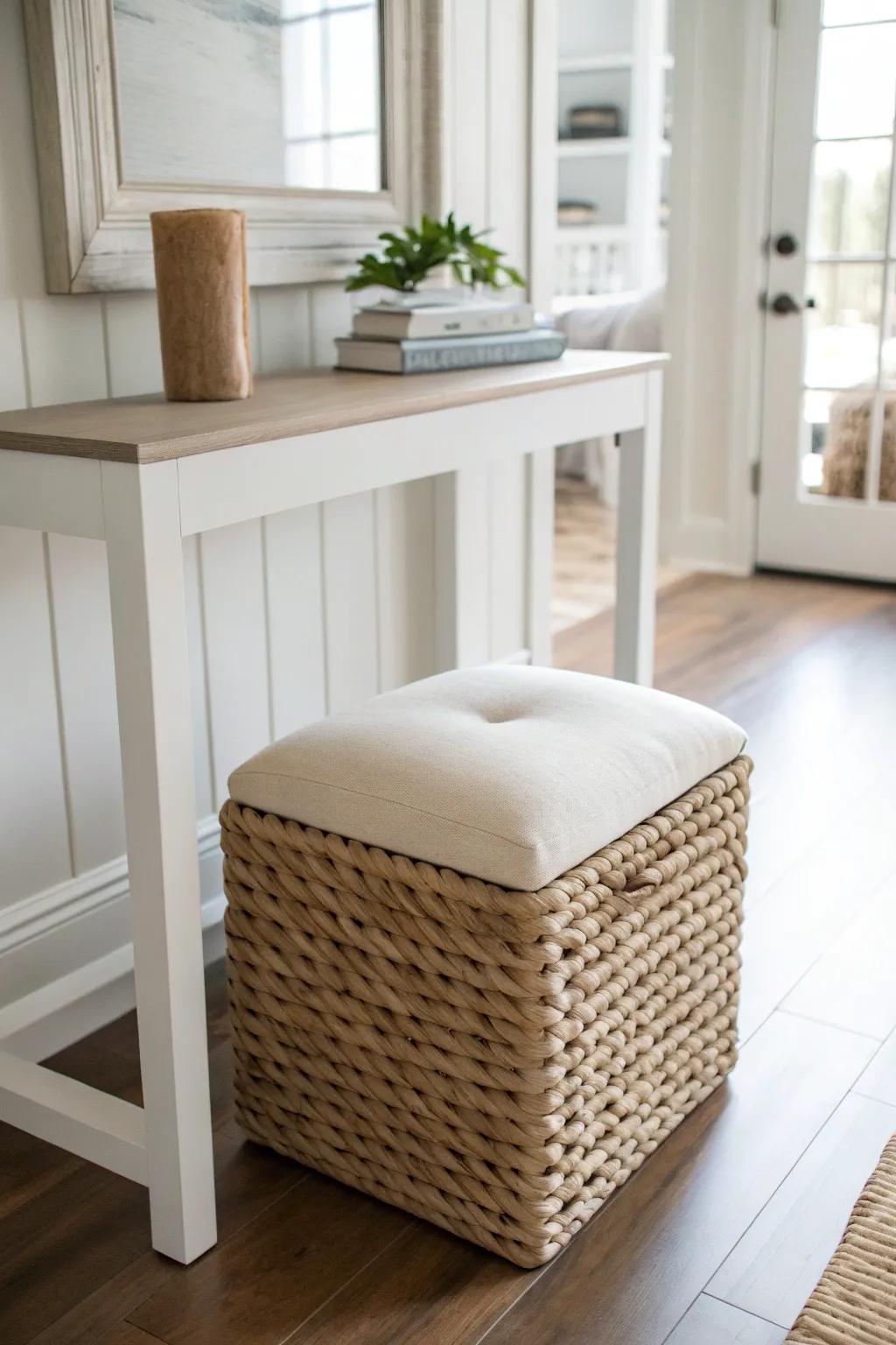 A cube ottoman that vanishes under a console—instant extra seating for tiny rooms.