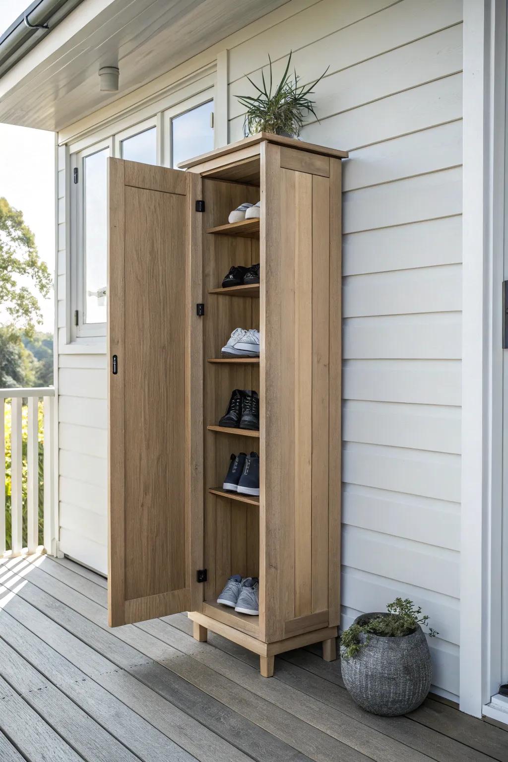 Slim outdoor shoe cabinet that fits hallway-like porches and keeps pairs tidy and protected.