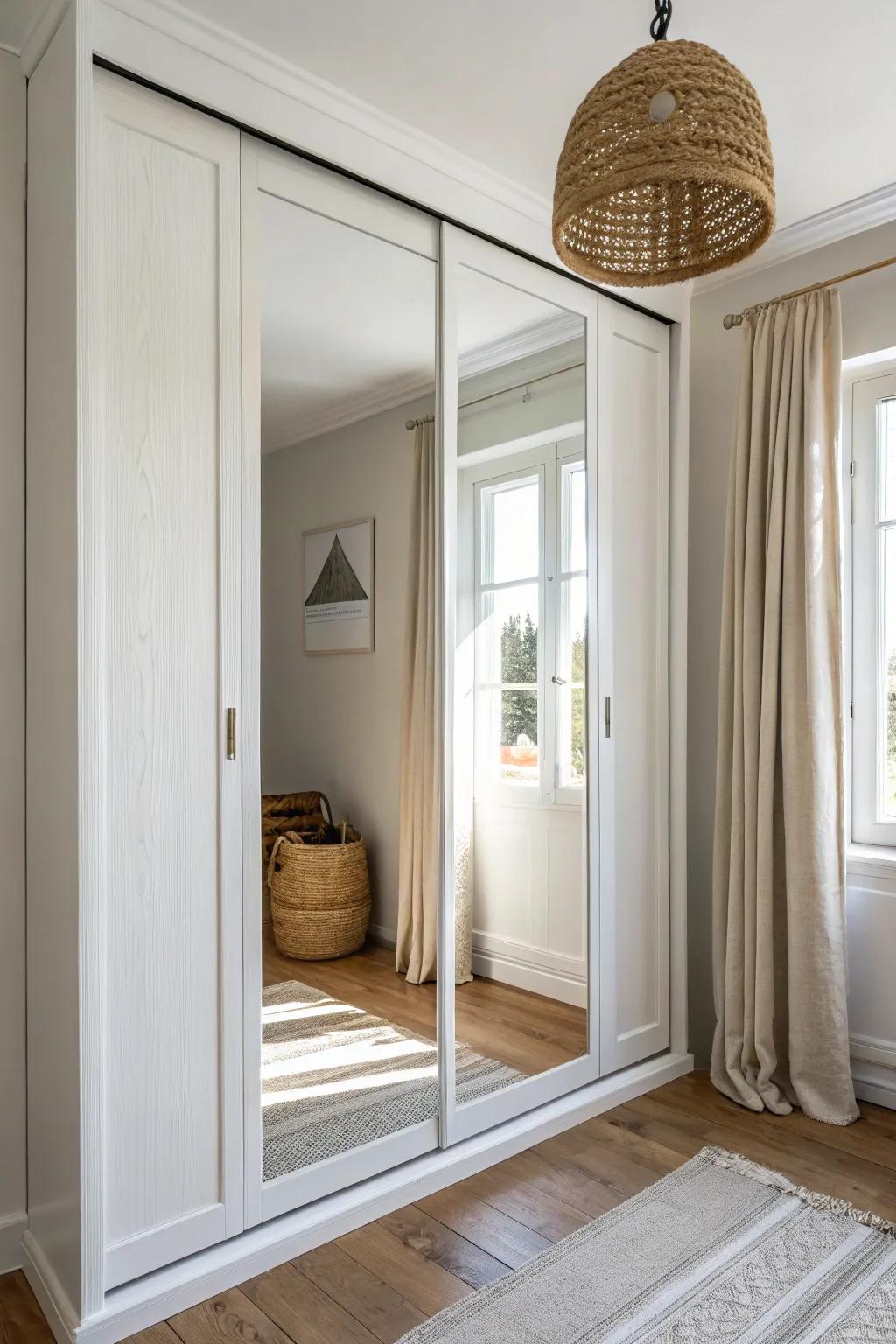 Painted overlay that matches trim makes mirrored closet doors look built-in and calm.
