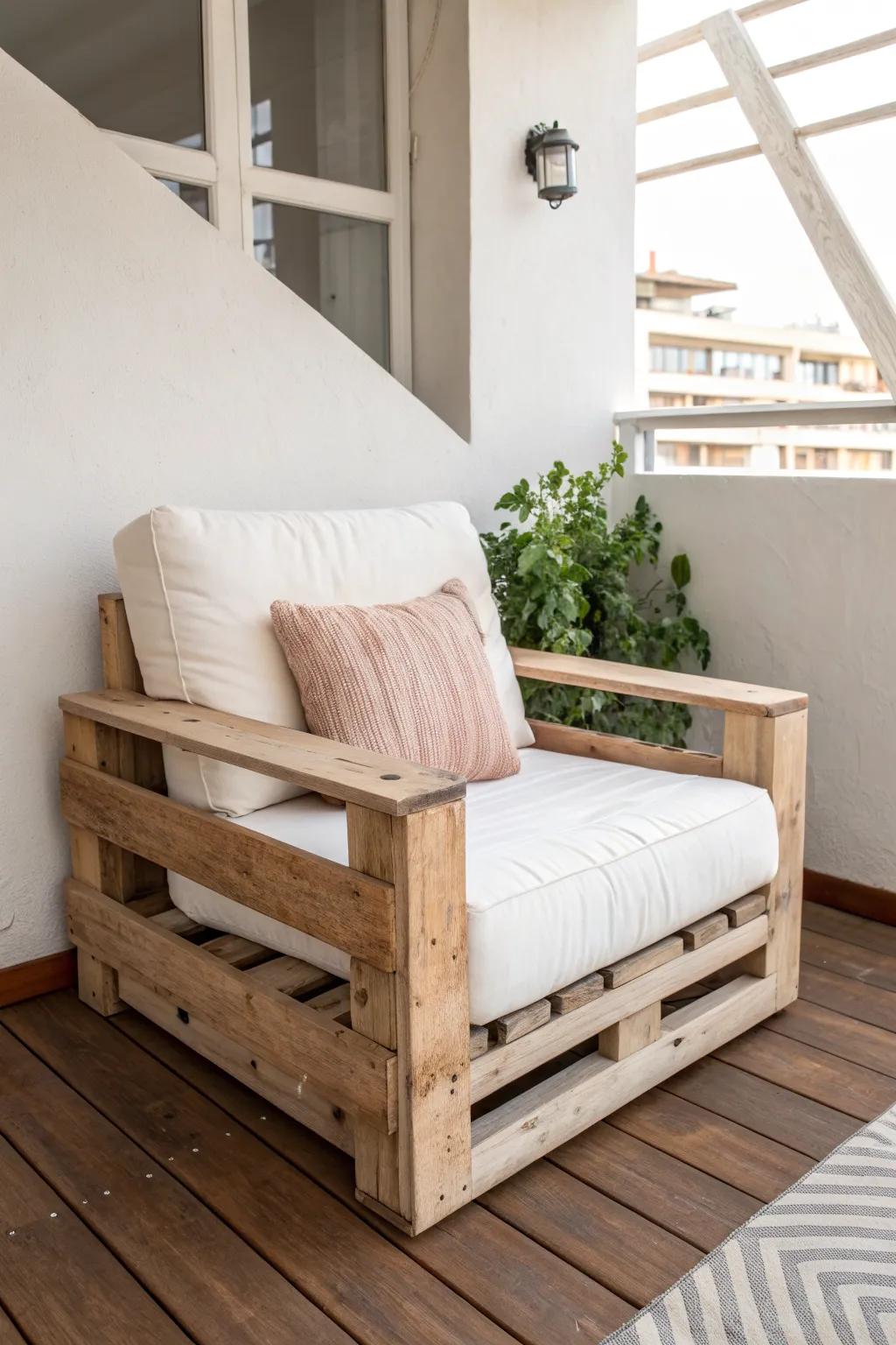 A compact pallet sofa chair that creates a full “set” feel—perfect for tight decks and balconies.