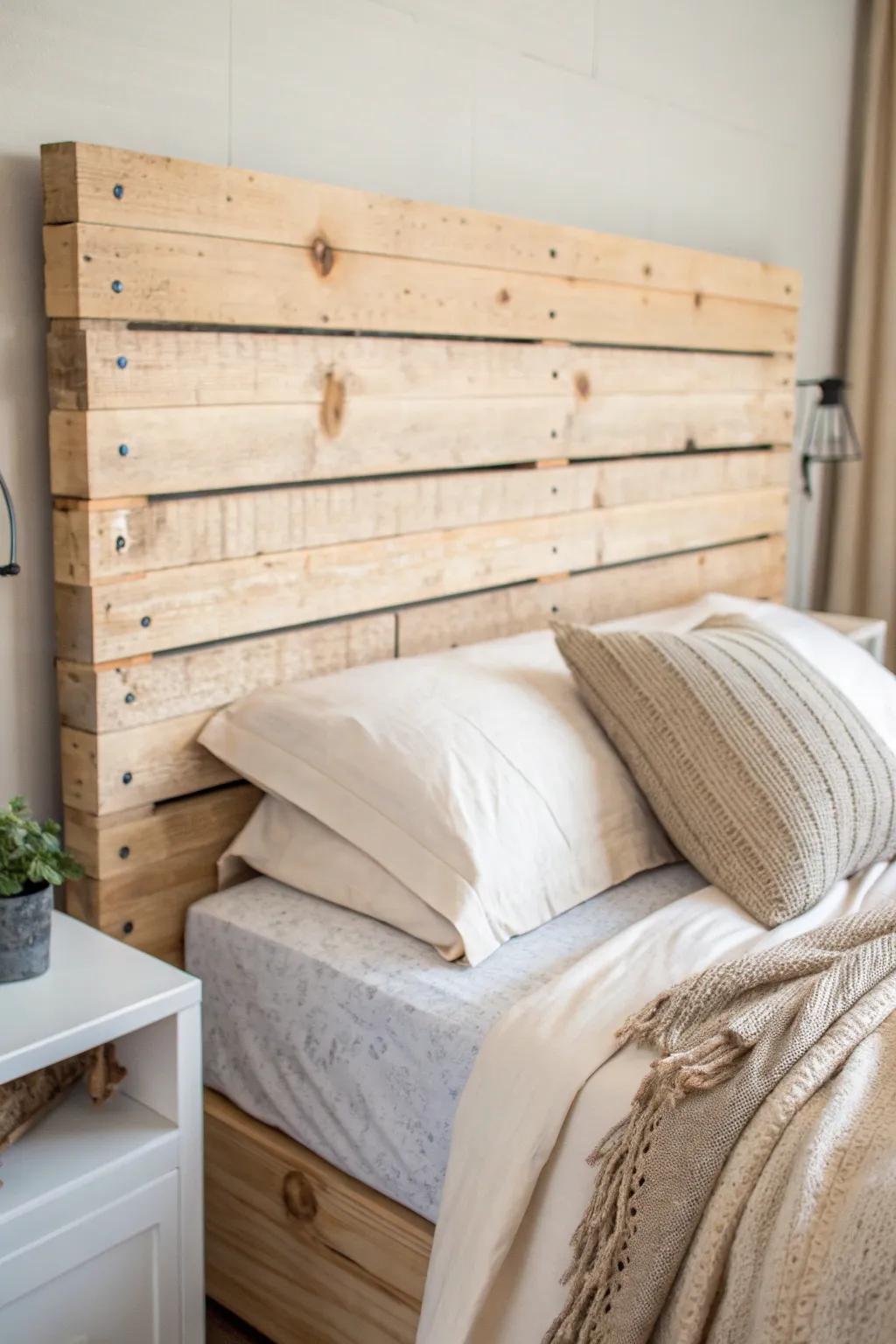 Clean horizontal pallet slats for a modern-rustic headboard with warm Scandinavian calm.