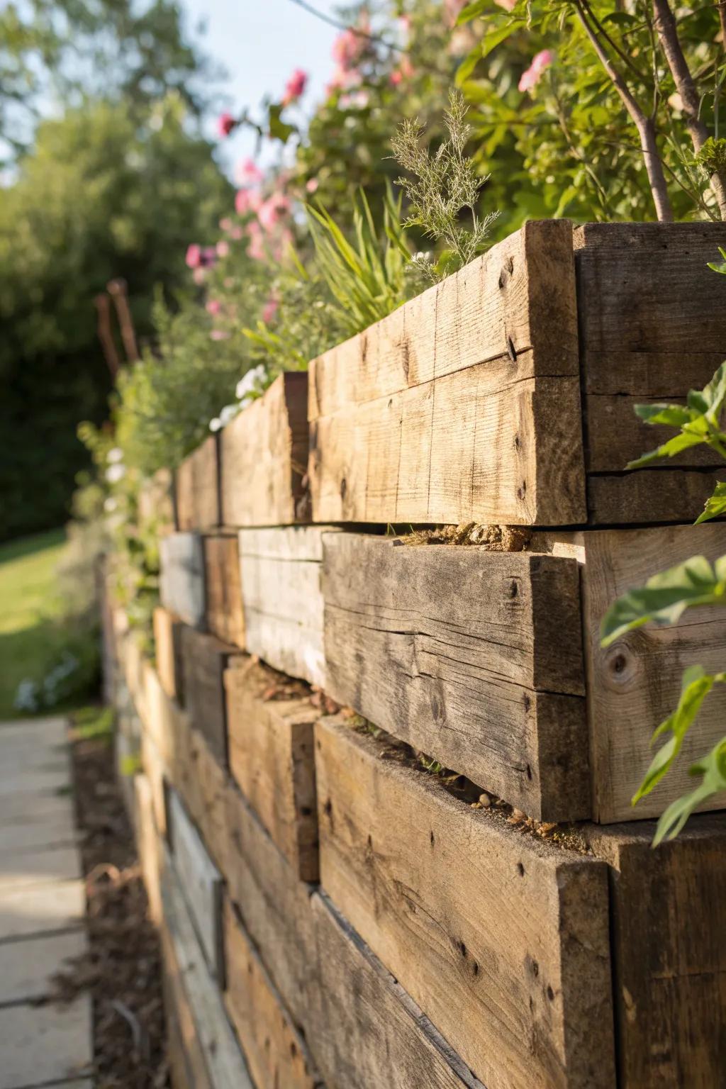 Embrace the rustic charm of weathered pallets in your garden.