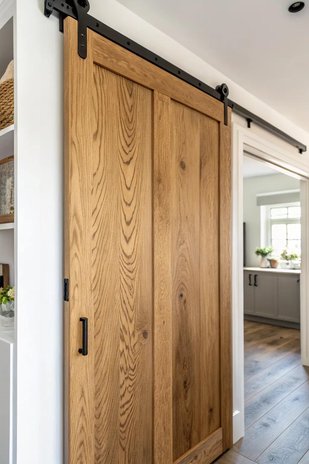 Warm wood barn door brings cozy texture and hides pantry clutter in small spaces.