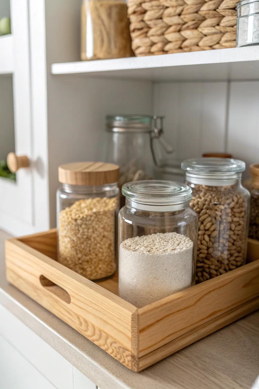 Warm up your pantry with glass jars on a simple wood tray—minimal, cozy, and tidy.
