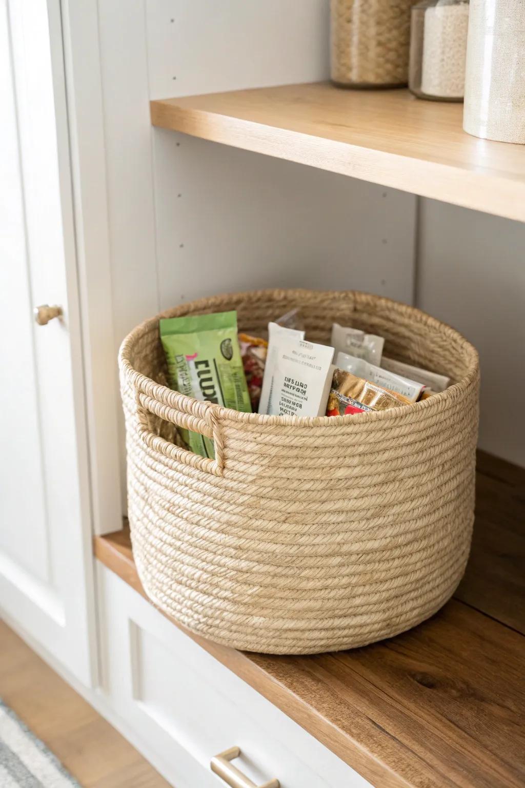 Matching woven bins instantly hide snack clutter and make your pantry shelf feel styled.