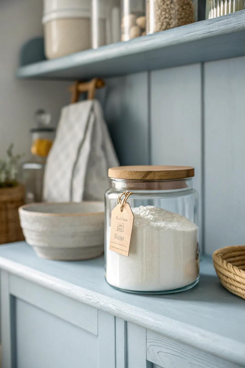 Pale blue-gray pantry paint makes clear canisters and white staples look calm and curated.