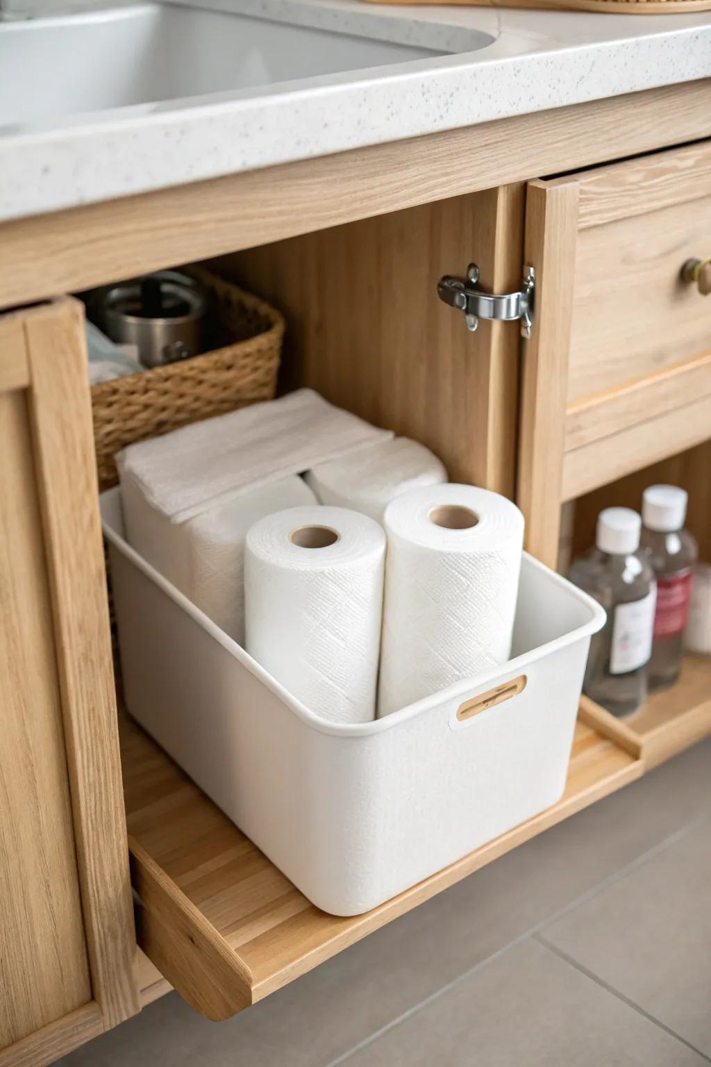 Keep backup paper towels dry—store rolls in a lidded, water‑resistant bin under the sink.