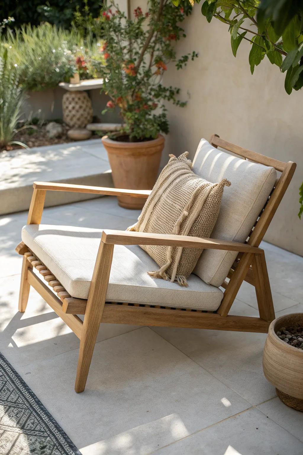 Low-profile seating keeps a tiny patio feeling taller, calmer, and effortlessly stylish.