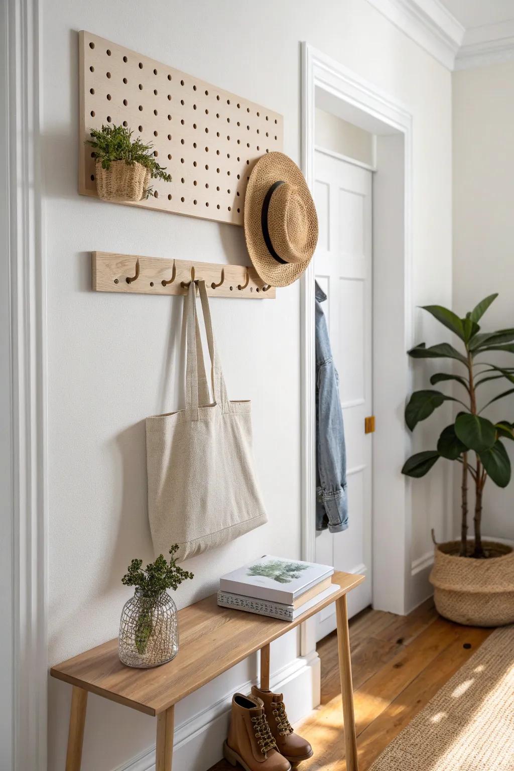 Slim pegboard + single ledge shelf keeps a narrow hallway open, airy, and beautiful.