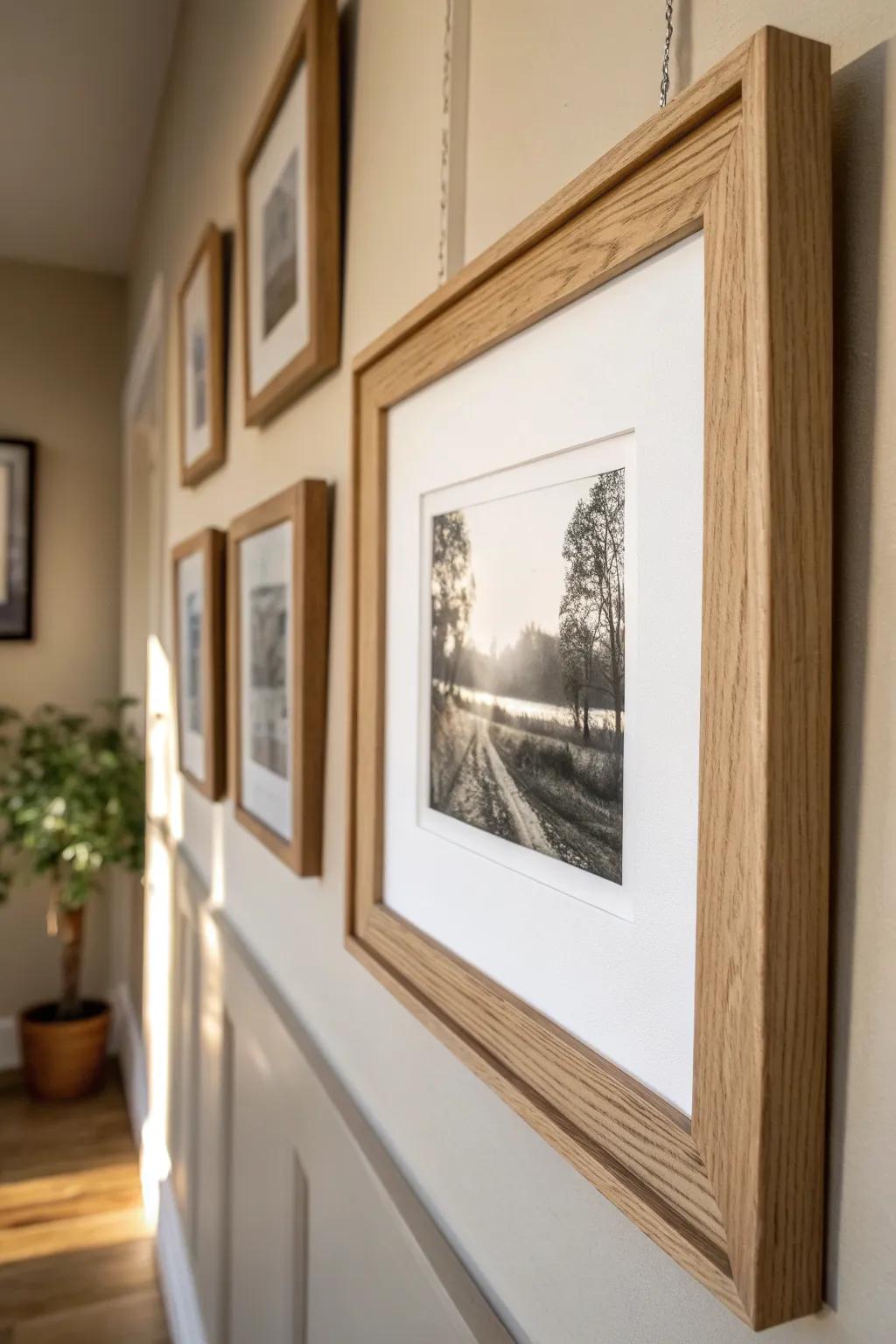 Same frame style, varied mat widths—an effortless way to add depth in a slim hallway.