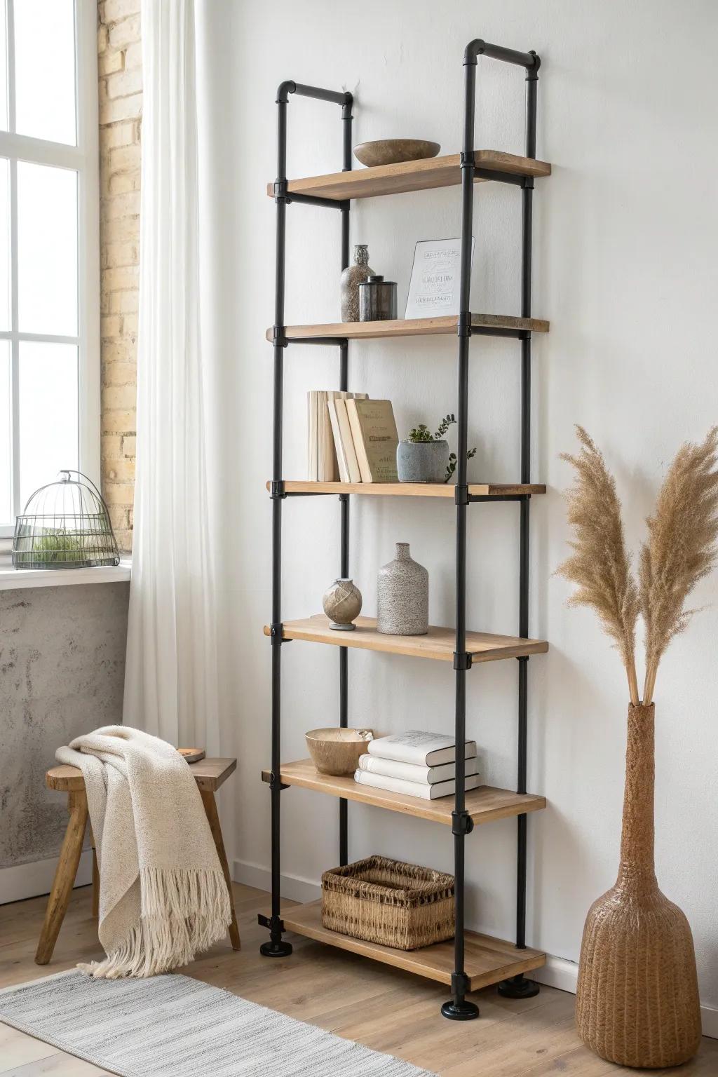 Floor-to-ceiling pipe bookcase: slim black pipes and warm oak shelves for airy storage.