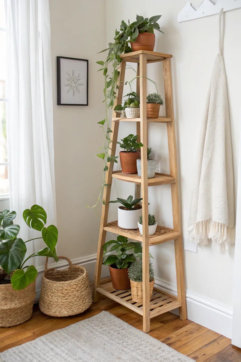 Turn an unused corner into a lush vertical plant moment with a sleek shelf tower.