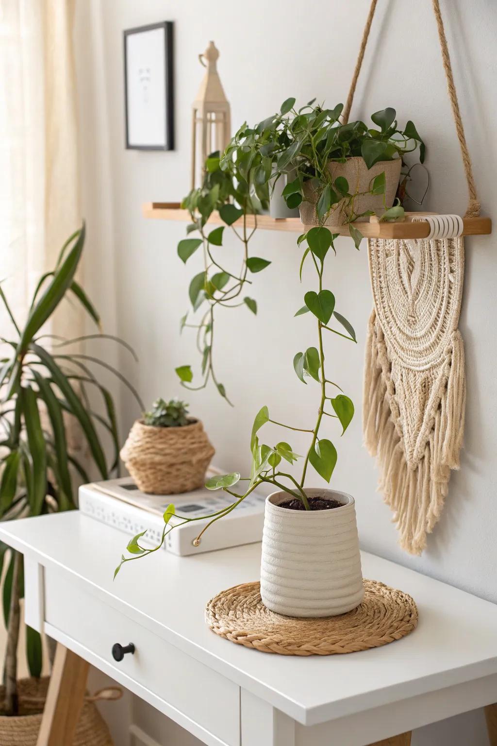 A desk-side wall shelf that turns a single trailing plant into calm, living wall art.