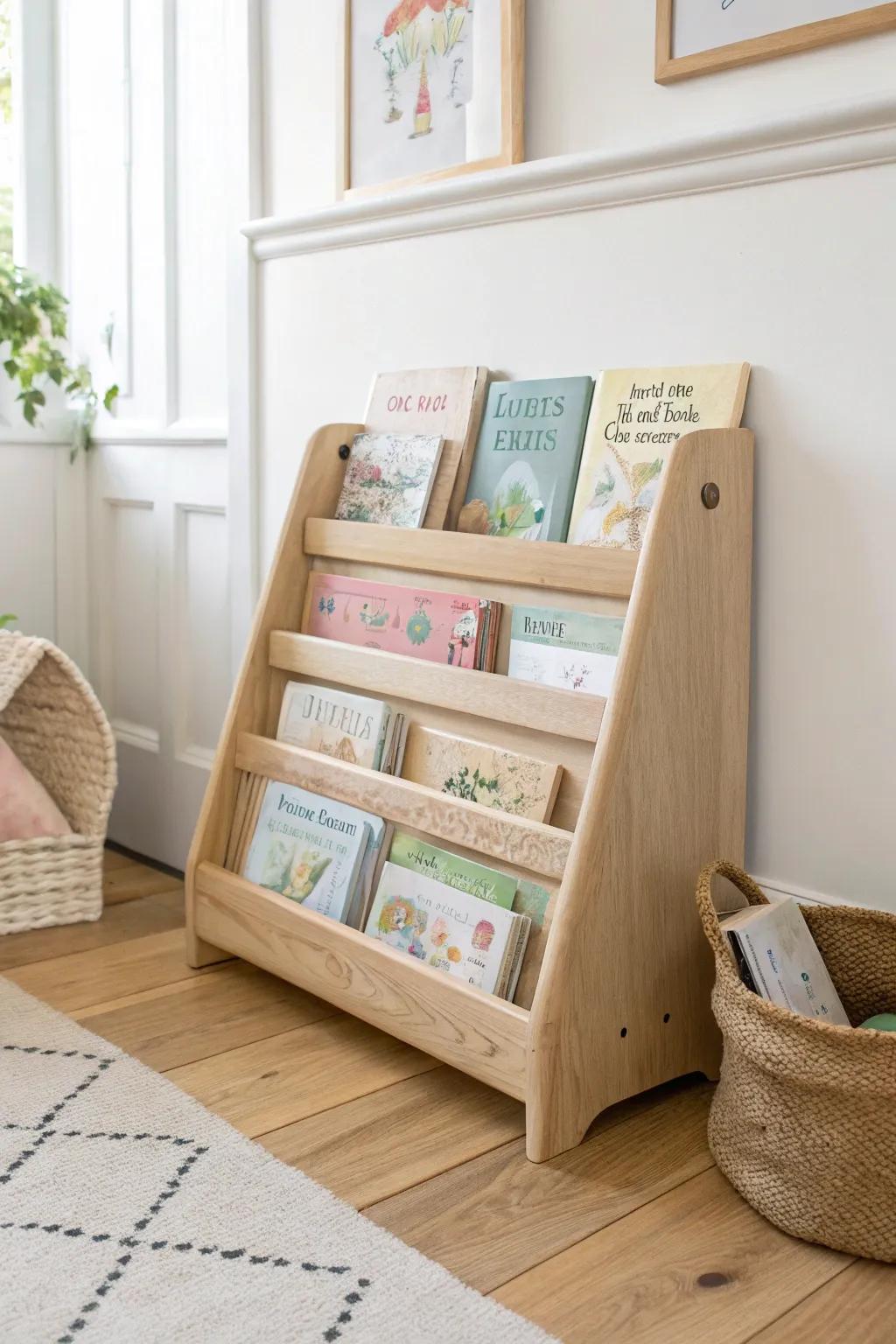 Front-facing low book rack keeps playroom favorites visible, styled, and easy for little hands.