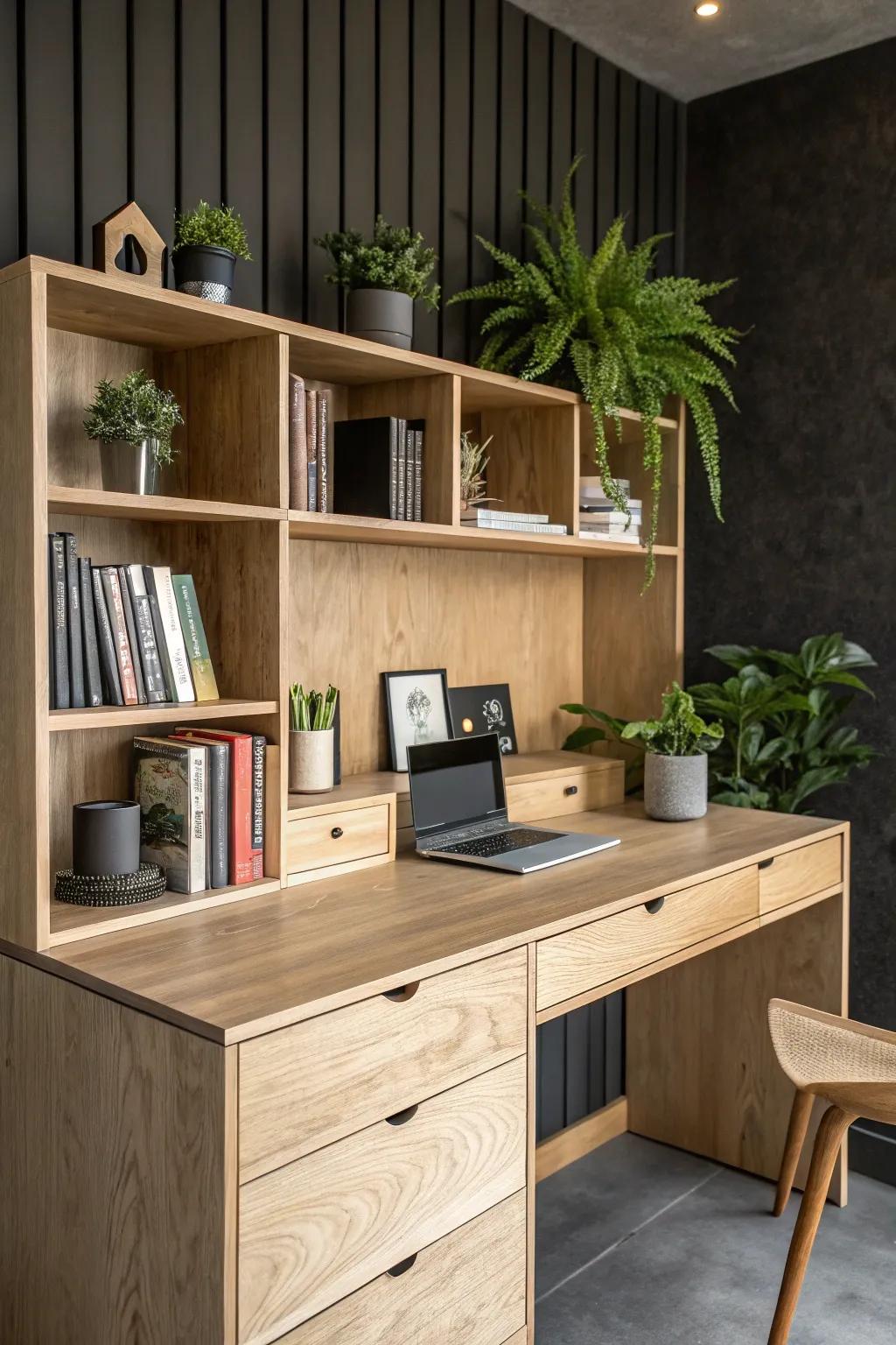 Elevate your workspace with a stylish plywood desk that combines form and function effortlessly.