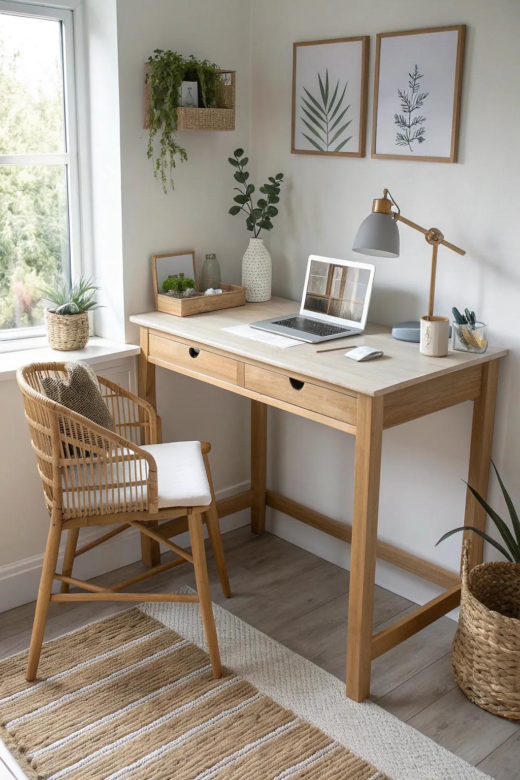 A slim L-shaped corner desk creates two work zones in one tiny pocket office—minimal and serene.