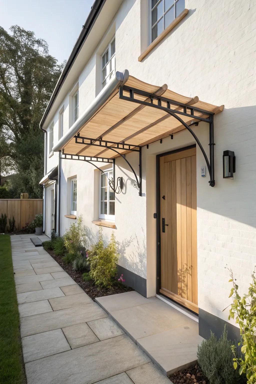 A floating cantilever canopy keeps narrow porch paths clear—minimal, airy, and elegant.