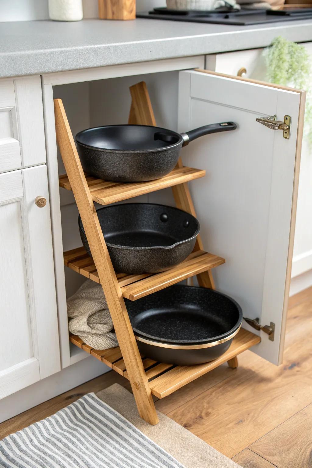 A tiered rack keeps pans stack-free, scratch-free, and easy to grab on one tight shelf.