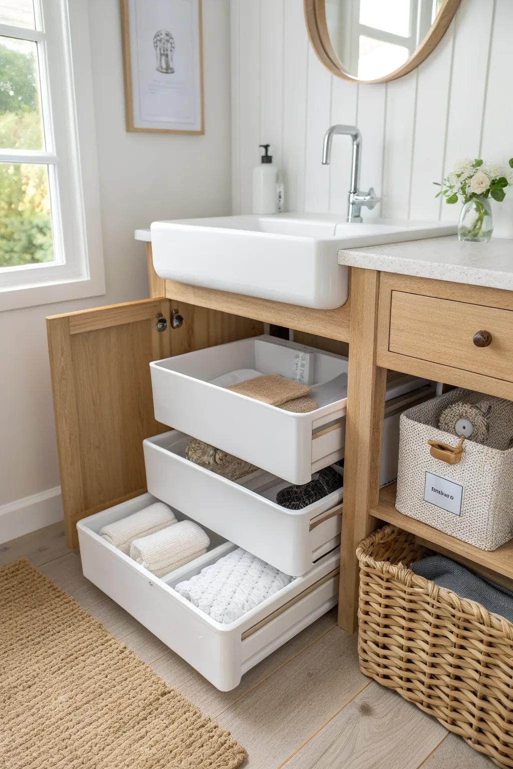 Stackable under-sink bins with a center pipe zone keep tiny powder rooms effortlessly organized.