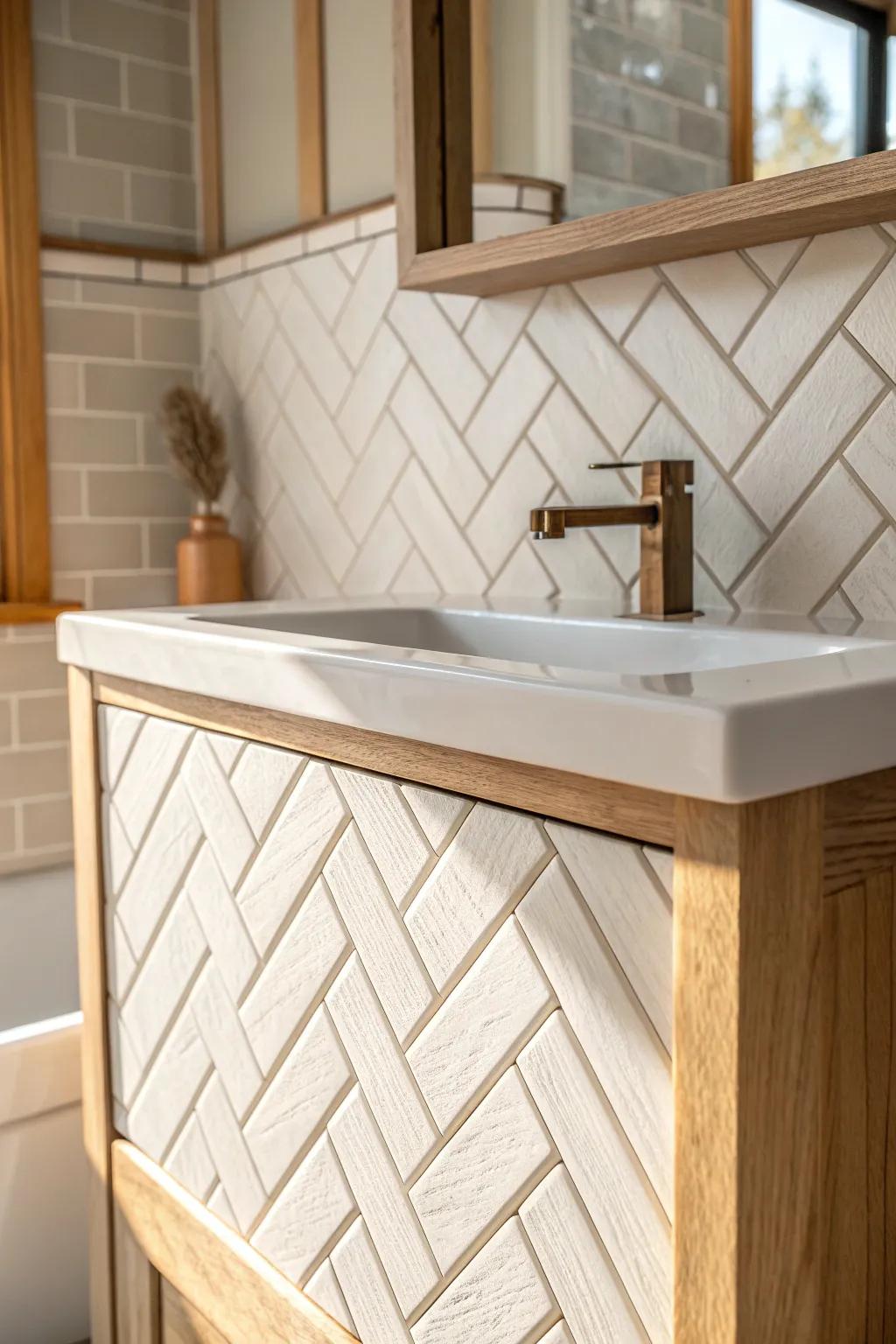 Herringbone tile adds instant movement—an easy way to elevate a small powder room wall.