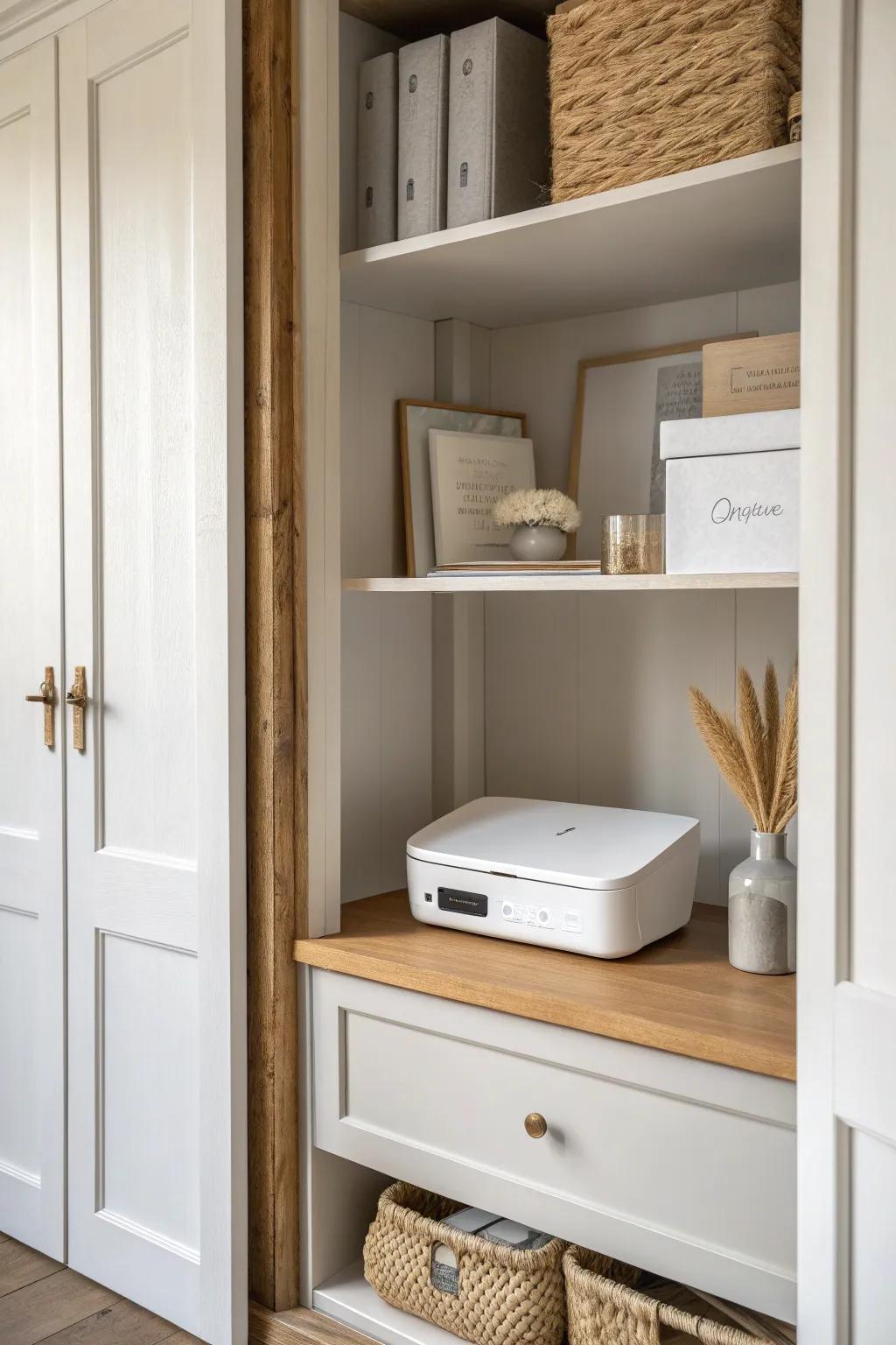 Hide your printer on a closet shelf for a calm, clutter-free home office moment.