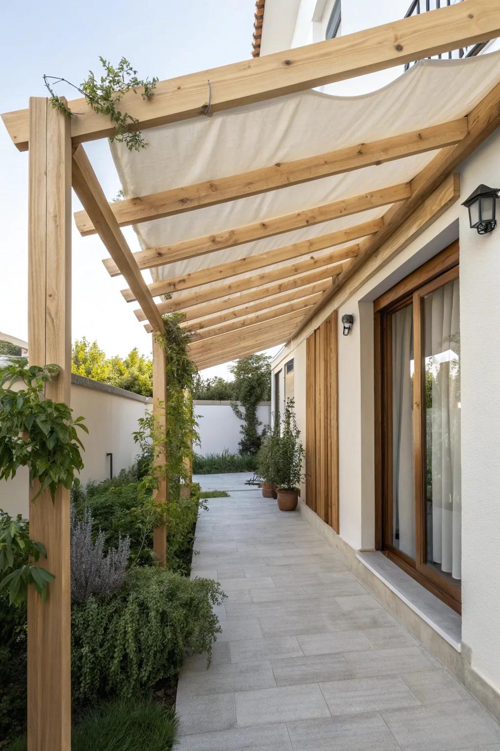 A slim pergola frame with linen + vines creates overhead privacy without crowding small spaces.