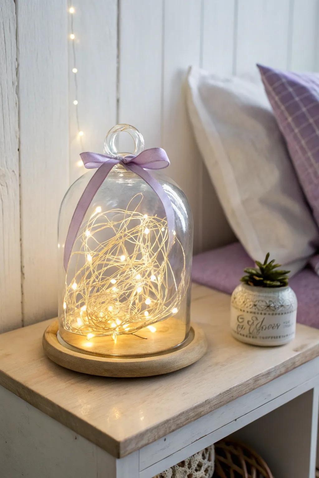 Twinkle lights + lavender accents create a calming soft-purple glow for the coziest dorm nights.