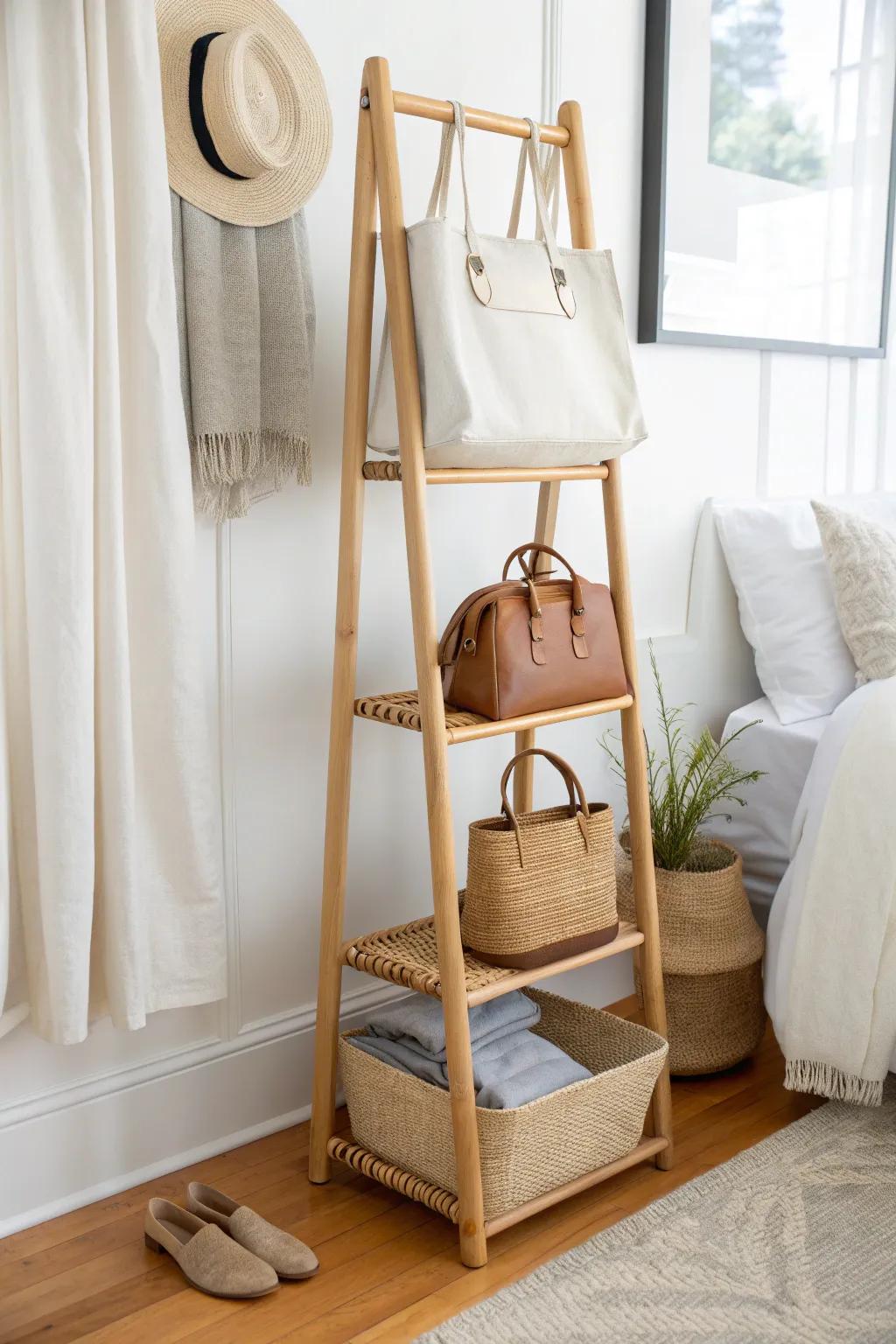 Tiered freestanding purse rack: pretty, practical, and perfect for small-space bedroom corners.