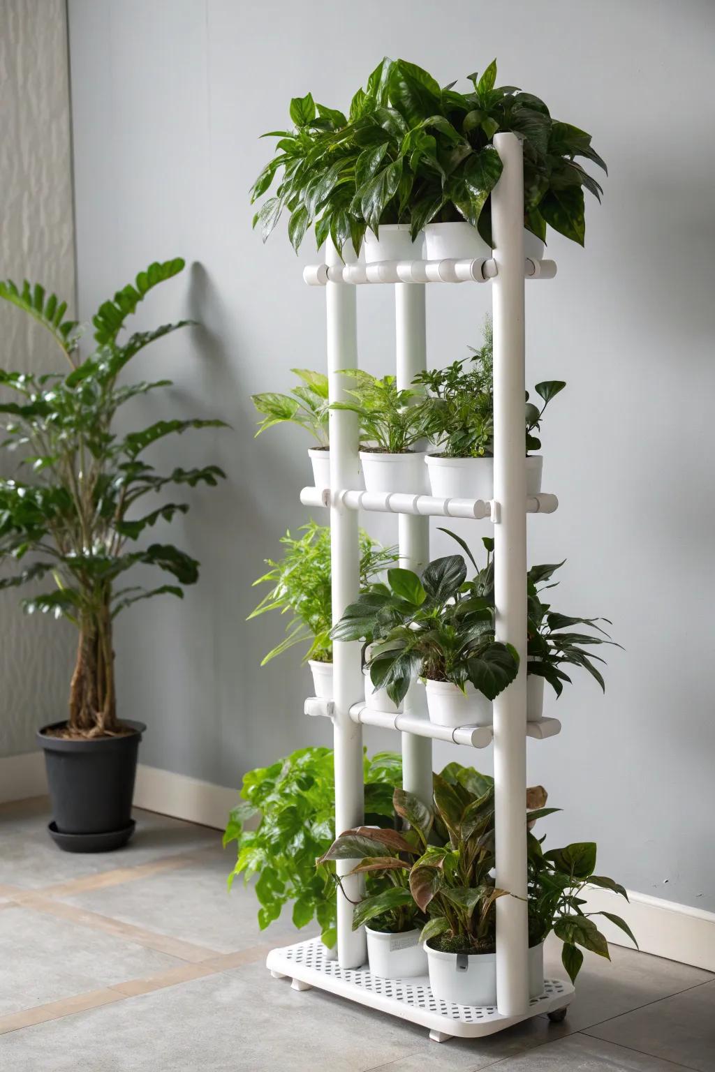Elevate your indoor garden with this stylish PVC pipe plant stand, perfect for showcasing your favorite greenery in a modern, space-saving design.
