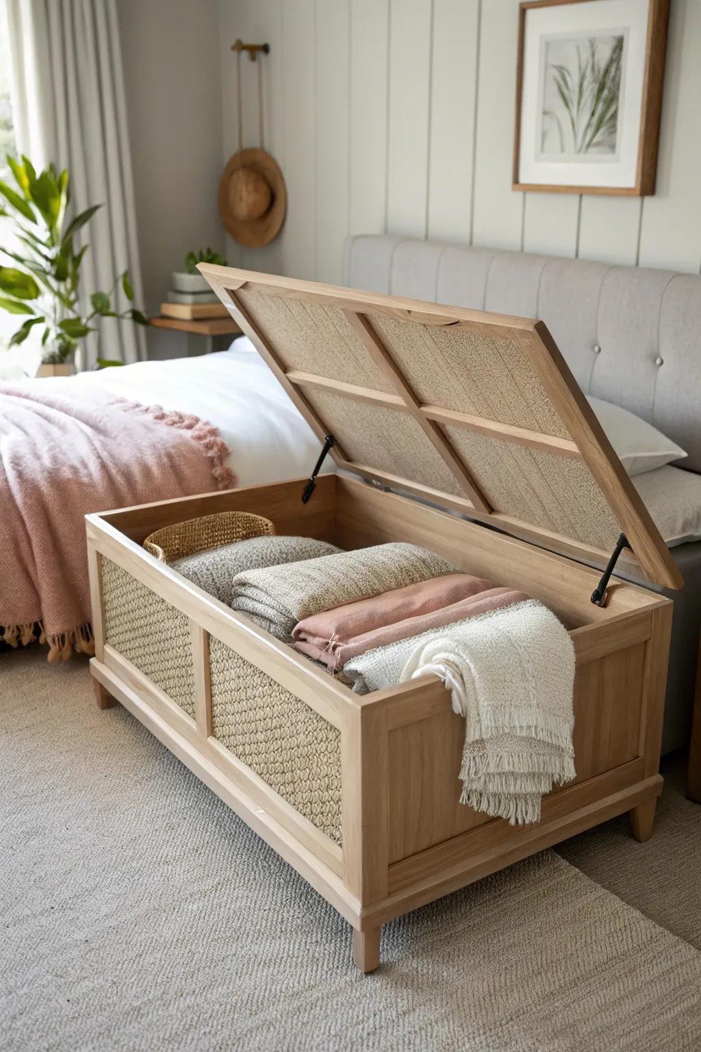 A lift-top bench keeps bulky quilts hidden while adding a calm, chic seat at the bed.