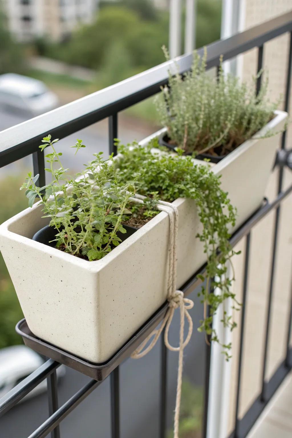 Thriller, filler, spiller—one railing planter formula that looks styled from day one.