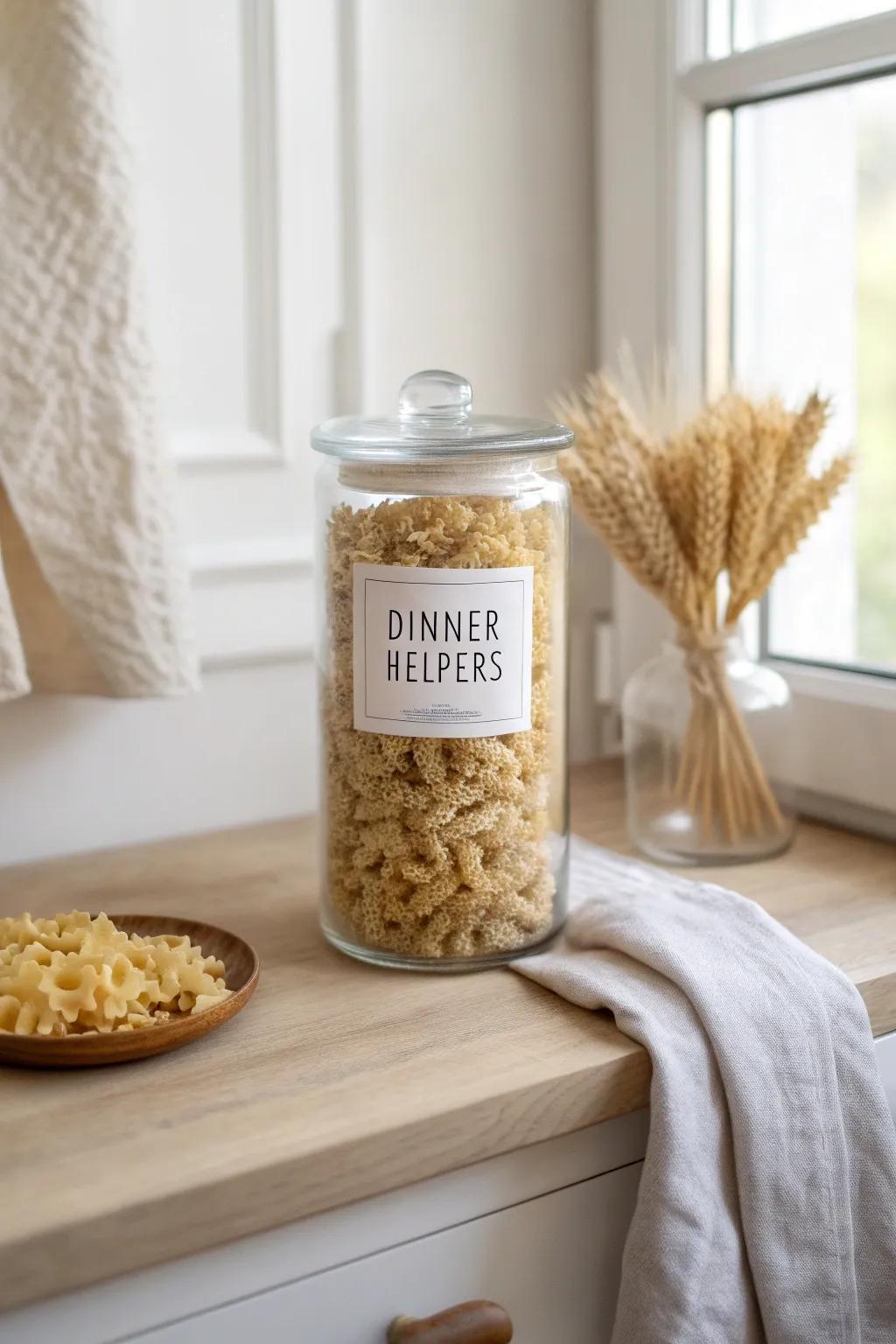 Create simple pantry zones with one labeled canister—clean, calm, and easy to restock.
