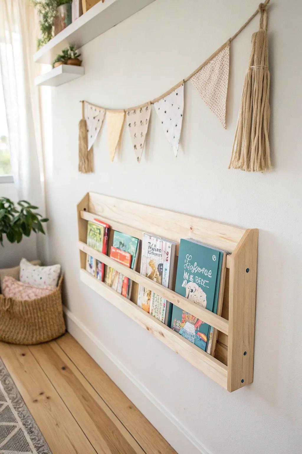 Slim front-facing book rails let covers sell the story—perfect for tiny classroom reading corners.