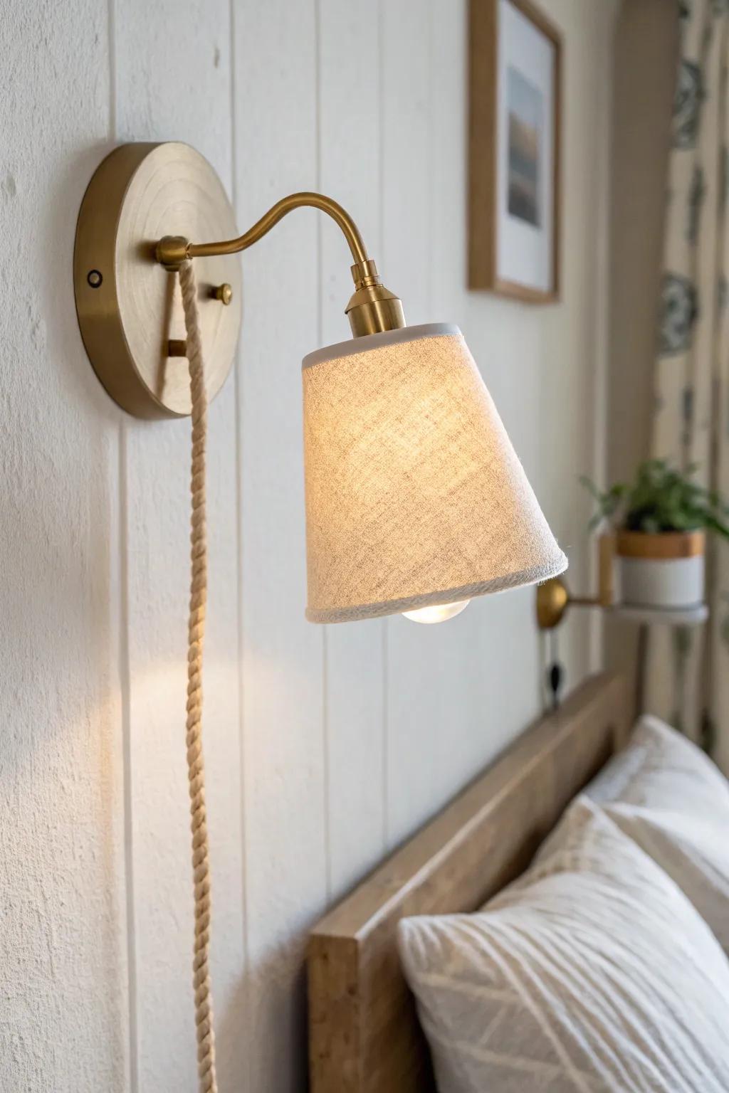 Swap the floor lamp for a plug-in wall sconce—clean, cozy light that saves space.